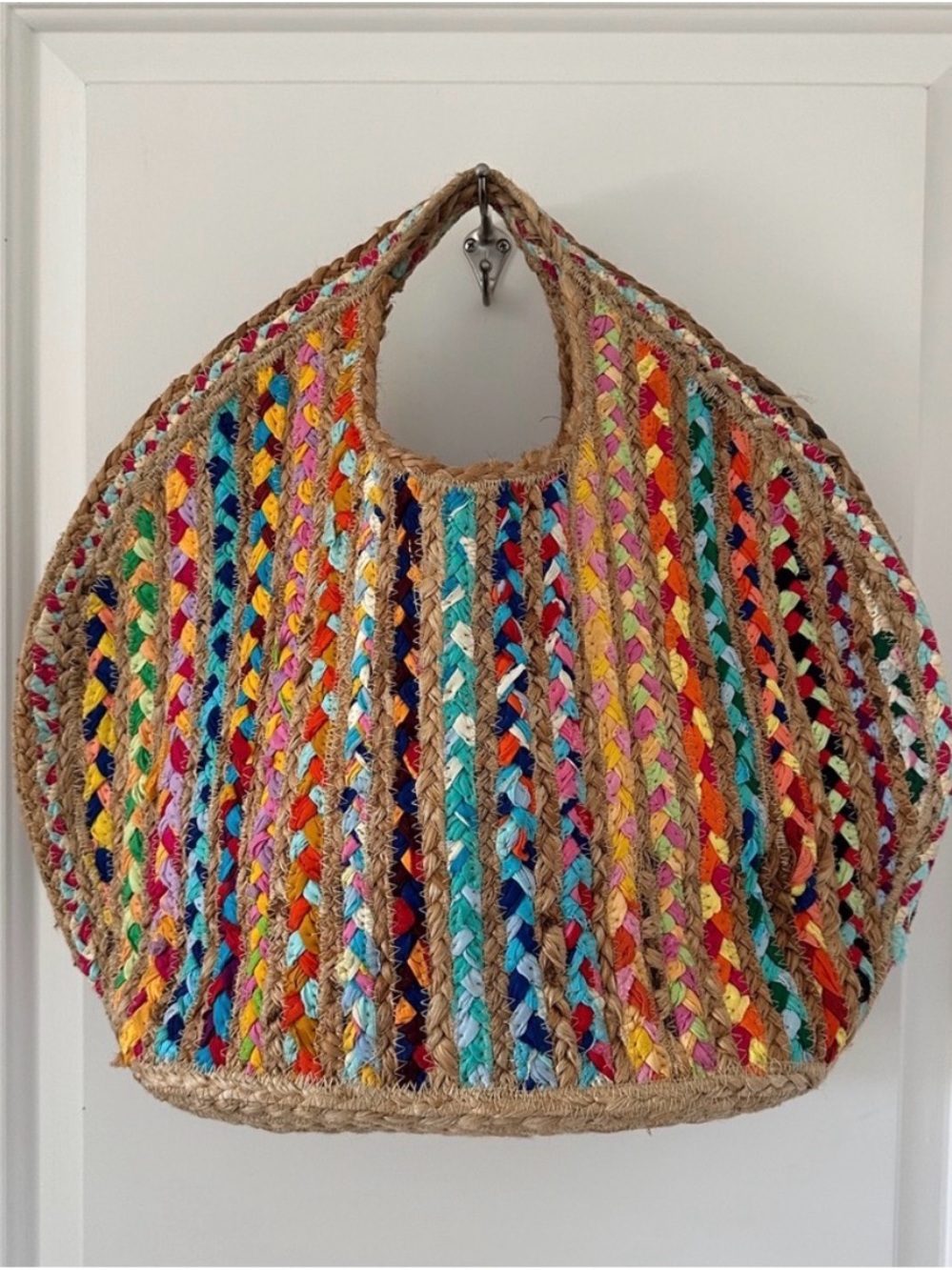 New ANTIK KRAFT Ruhi Tote Large Boho Colorful Woven Jute & Cloth Purse Beach Bag